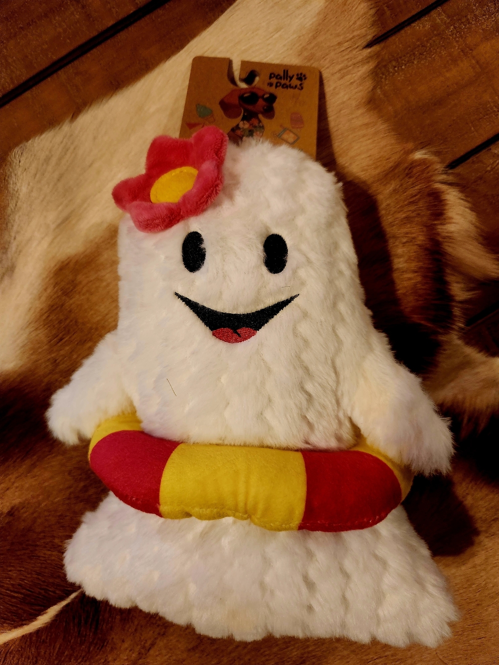 White Plush Ghost Dog Toy with Pink Flower and Yellow-Red Float
